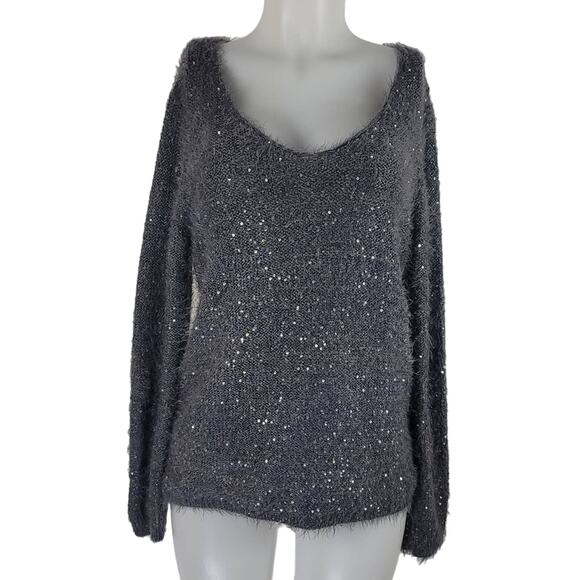 Nuage Lace Up Back Scoop Neck Sequin Sparkle Eyelash Gray Silver Sweater L - Picture 2 of 5